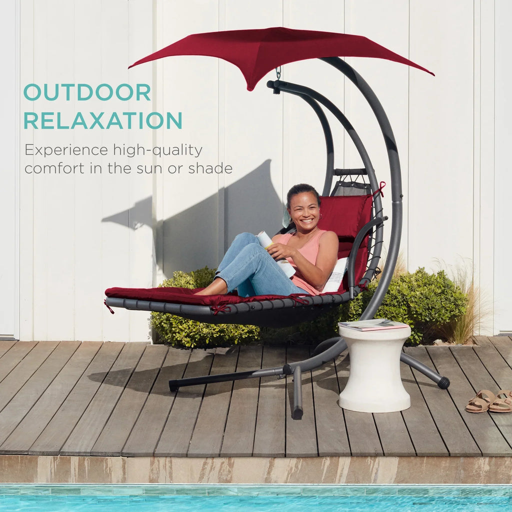 2026 NewBest Choice Products Hanging Curved Chaise Lounge Chair Swing for Backyard, Patio w/ Pillow, Shade, Stand - Teal