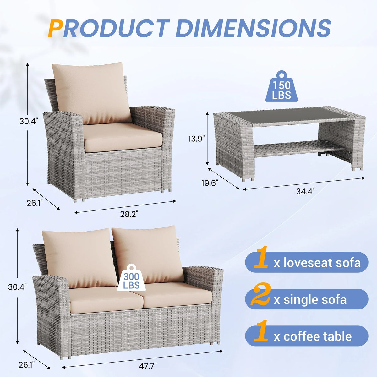 2026 NewUDPATIO Wicker Patio Furniture Set, 4 Piece Outdoor Sectional Conversation Sets, Gray PE Rattan Patio Sofa Set for Balcony, Porch, Backyard, Grey