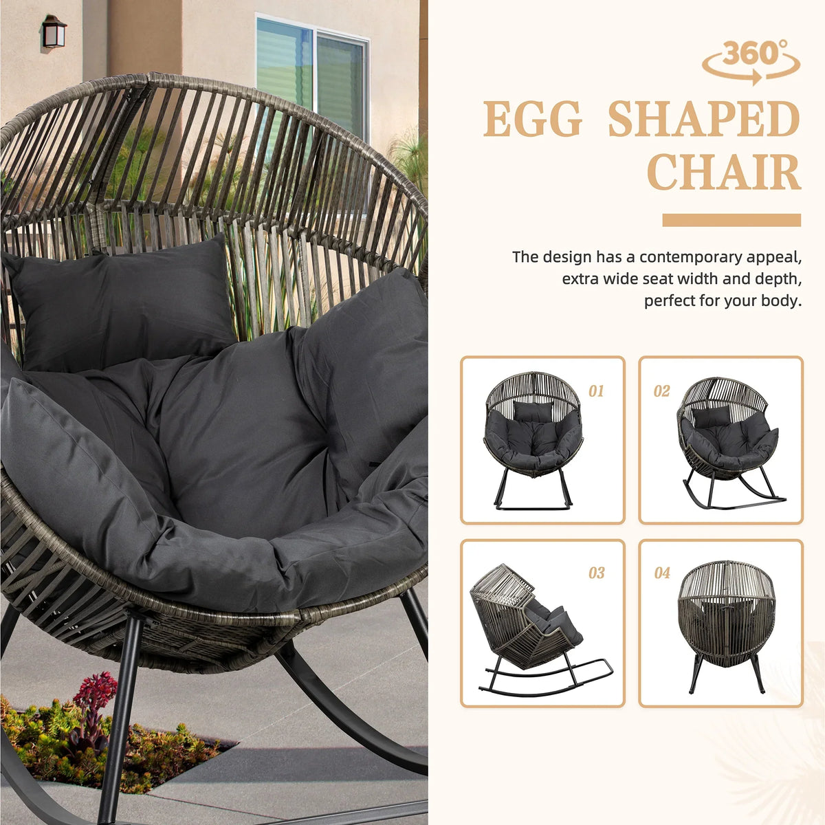 2026 NewWalsunny Egg Chairs Outdoor Patio Wicker Oversized Egg Shell Lounger Lawn Chair with Cushion for Indoor Outside Porch Balcony Backyard, Original Wood Color Rattan Beige Cushion