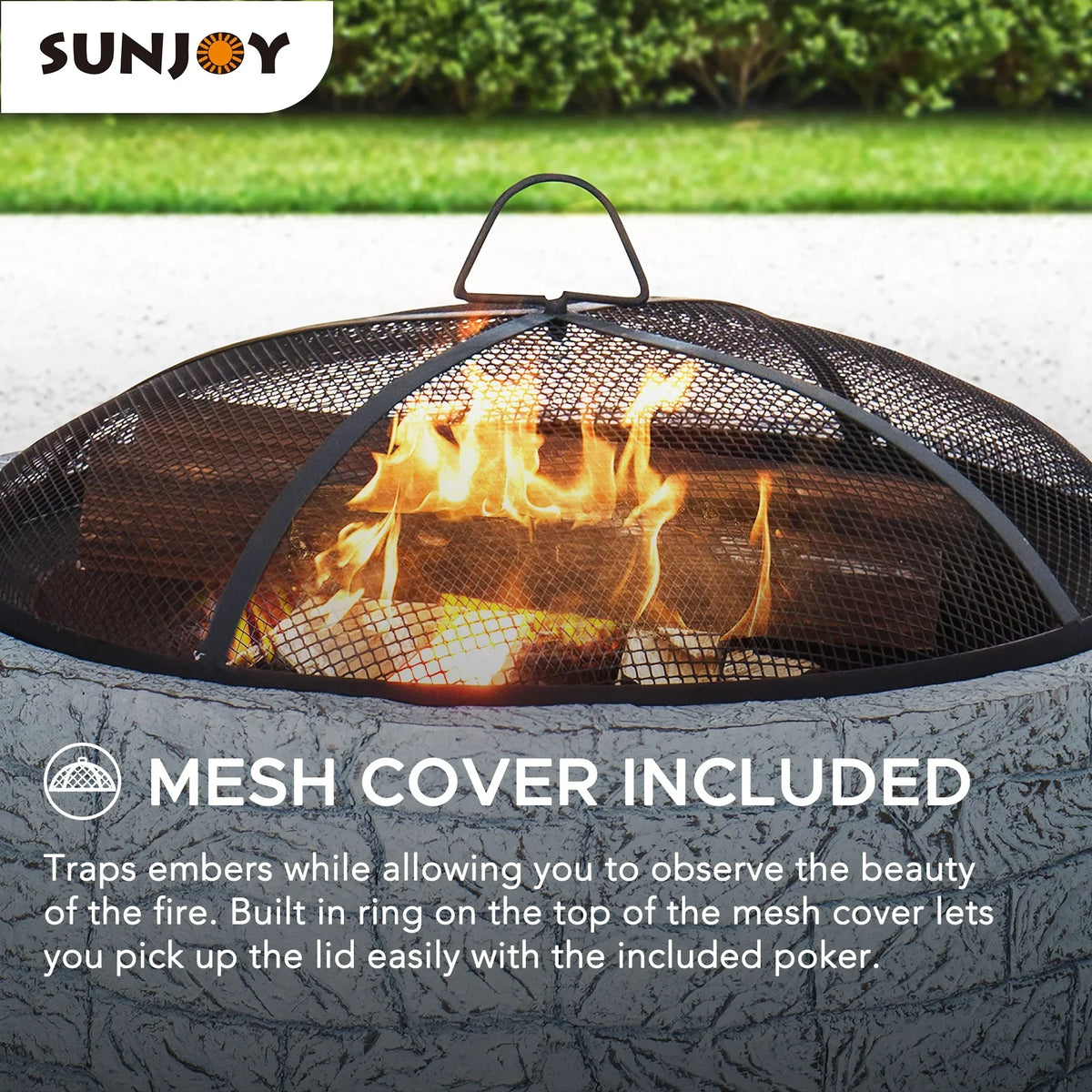 2026 NewSunjoy Stone Fire Pit 26 Inch, Outdoor Round Wood Burning Fire Pits with Spark Screen and Poker Grey