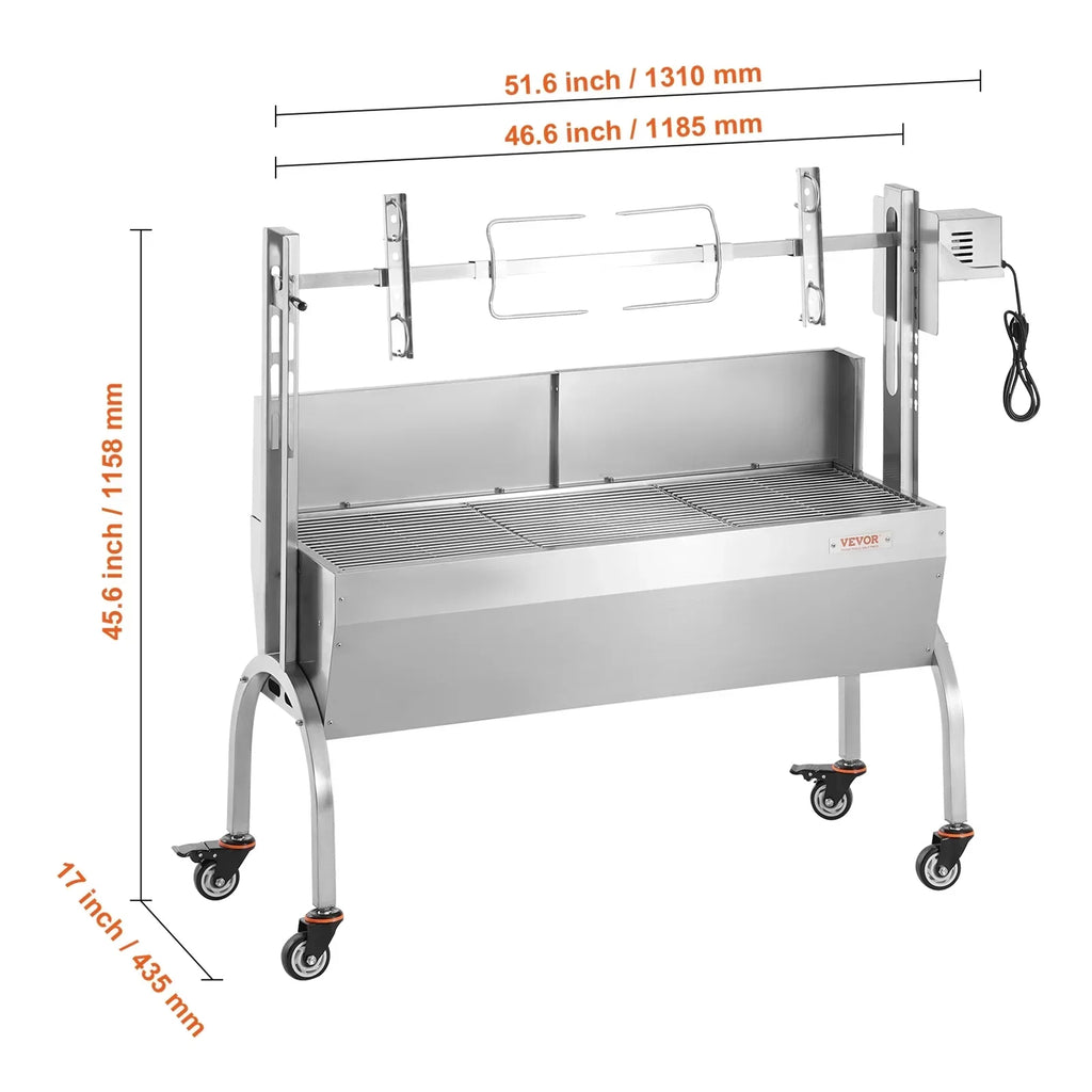 2026 NewVEVOR Rotisserie Grill with Windscreen, BBQ Whole Pig Lamb Goat Charcoal Spit Grill, 46 Inch 132 Lbs Capacity, Electric 52W Motor Stainless Steel Roaster with Lockable Wheels, for Camping Outdoor