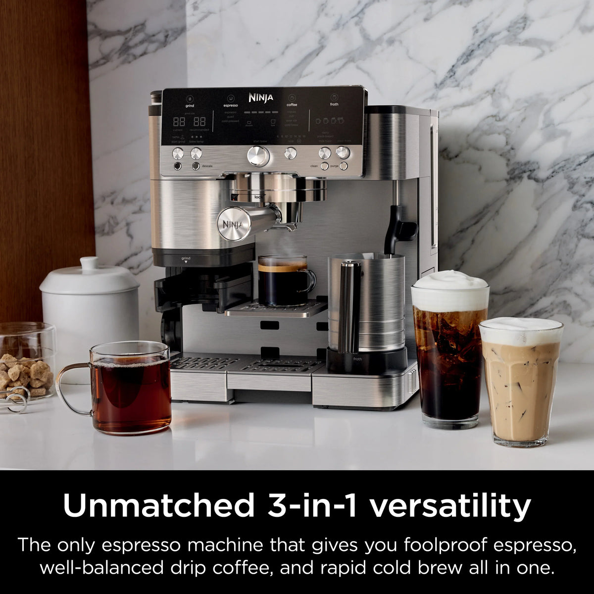 2026 NewNinja Luxe Cafe Premier Series, Stainless Steel Espresso Machine and Drip Coffee Maker with integrated Coffee Grinder and Milk Frother, ES601