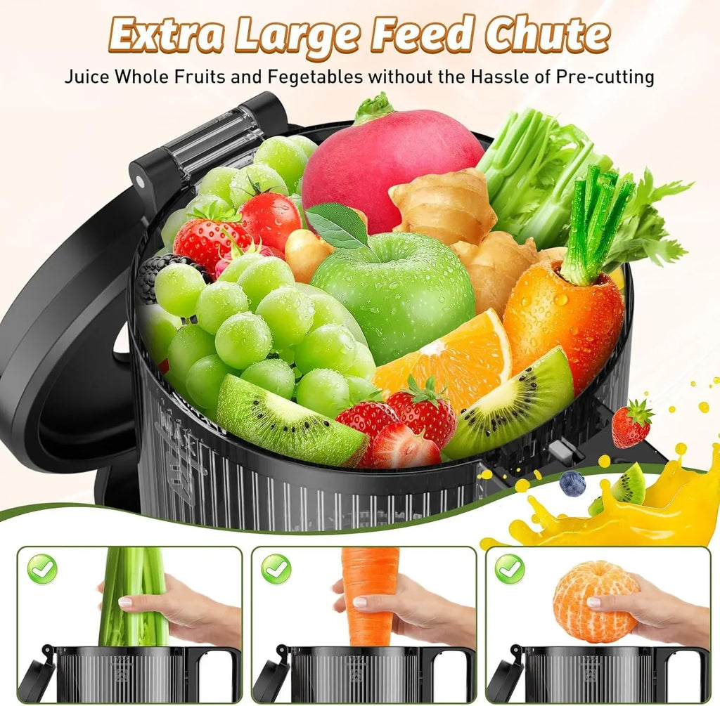2026 NewYPONE Cold Press Juicer, Masticating Juicer with 5.4" Wide Feed Chute, 350w Slow Juicer Machines Fit Whole Vegetables and Fruits,Juice Extractor Machine with High Juice Yield, Easy to Clean(Black)