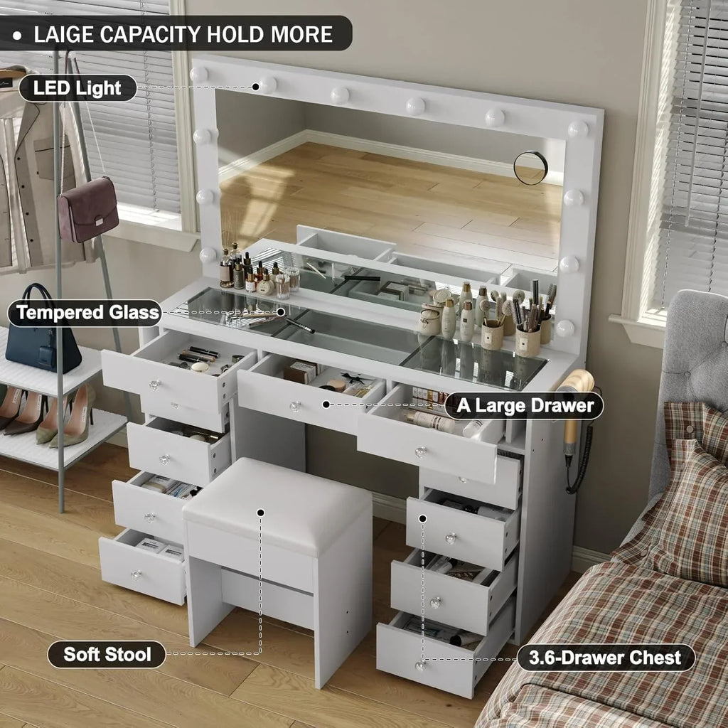 2026 NewWhite Vanity Desk with Illuminated Mirror & Power Outlet, 11 Drawers Vanity Table with Chair, Makeup Vanity with 12 LED Lights, Tempered Glass Top, Dressing Table for Bedroom,Dressing Room