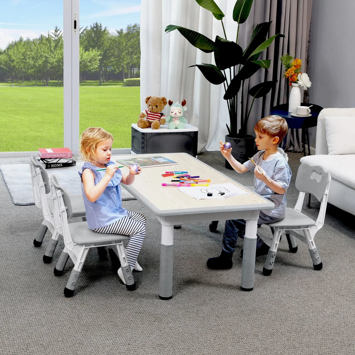 2026 NewLAZY BUDDY Kids Table and 4 Chairs Set, Height Adjustable Toddler Desk with Graffiti Desktop, Kids Activity Table Set for Daycare, Home