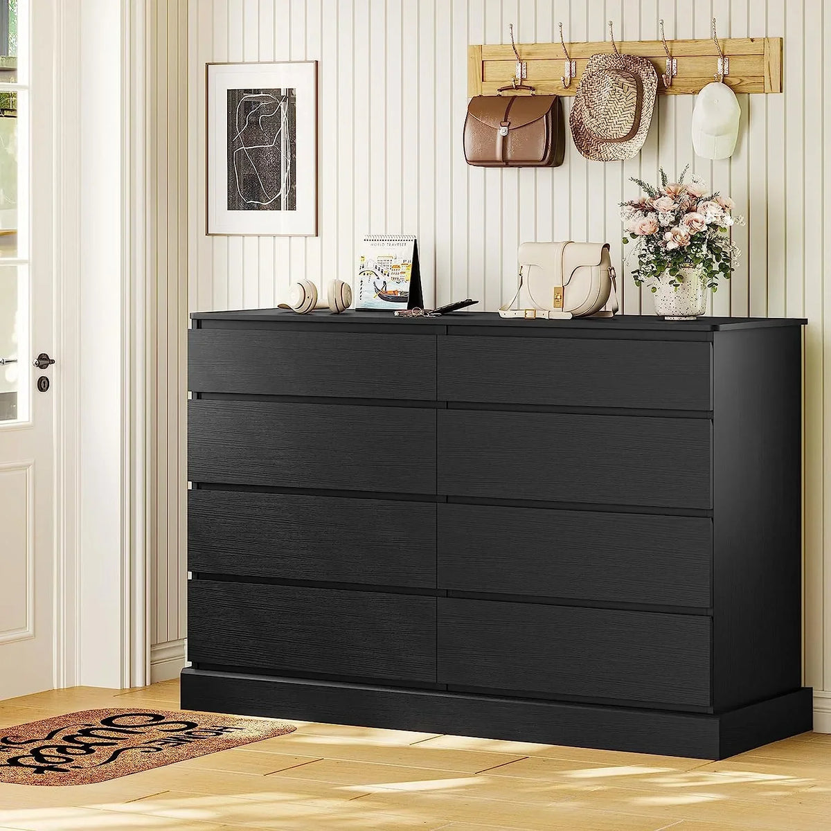 2026 New8 Drawers Double Dresser Wooden Black Chest of Drawers for Bedroom, Large Storage Cabinet for Home Living Room