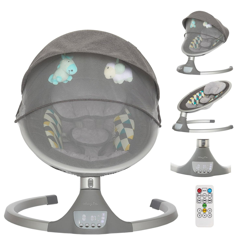 2026 NewDream On Me Zazu Baby Swing. Baby Swing for Infant. 5 - Swinging Speed. Two Attached Toys. Bluetooth Enabled and Remote Control. Grey and Blue