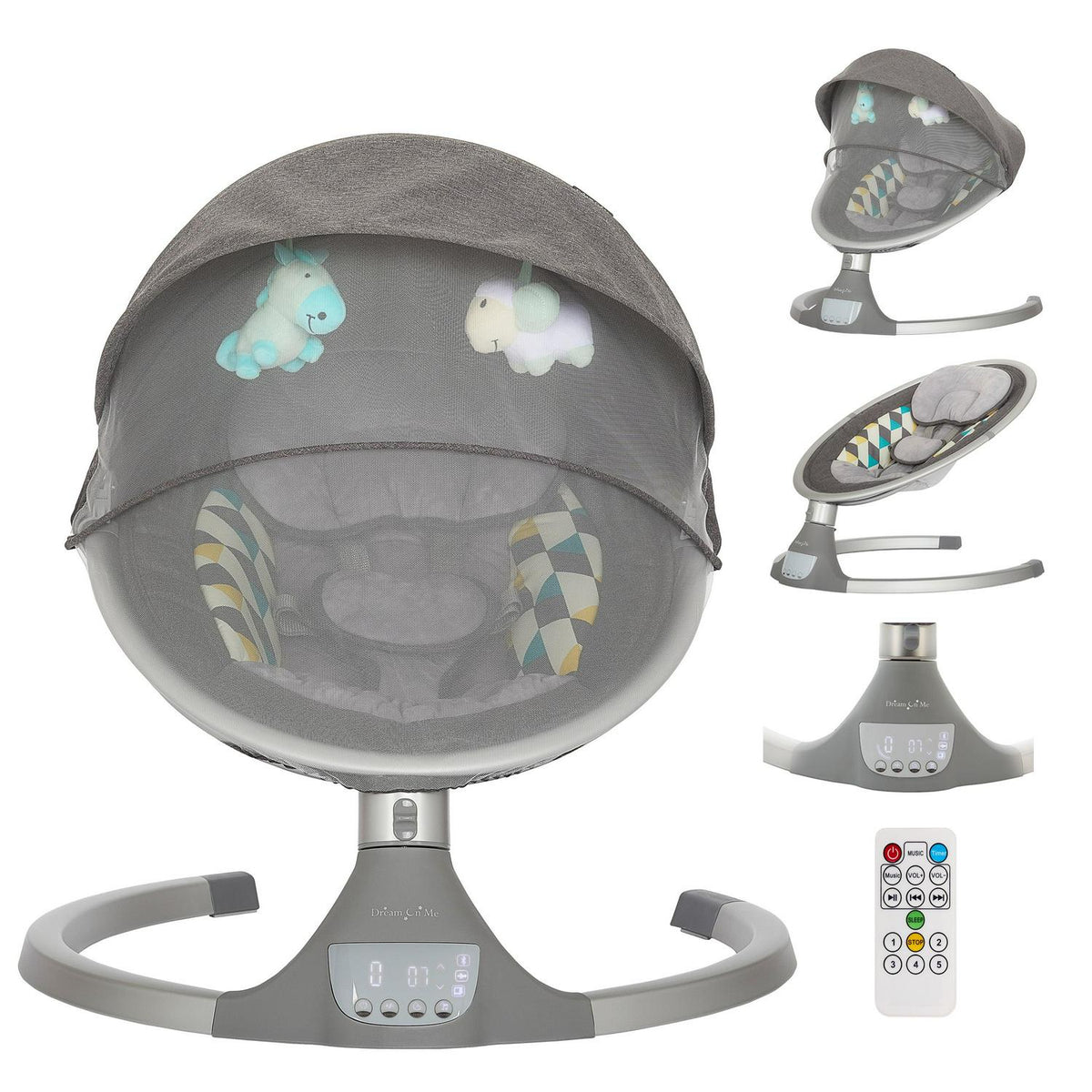 2026 NewDream On Me Zazu Baby Swing. Baby Swing for Infant. 5 - Swinging Speed. Two Attached Toys. Bluetooth Enabled and Remote Control. Grey and Blue