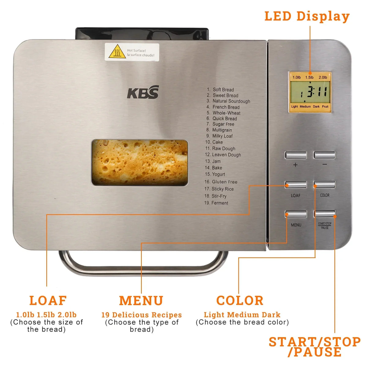 2026 NewKBS 19-in-1 2LB Bread Maker Machine Fully Automatic LCD Display，Stainless Steel Model# 013