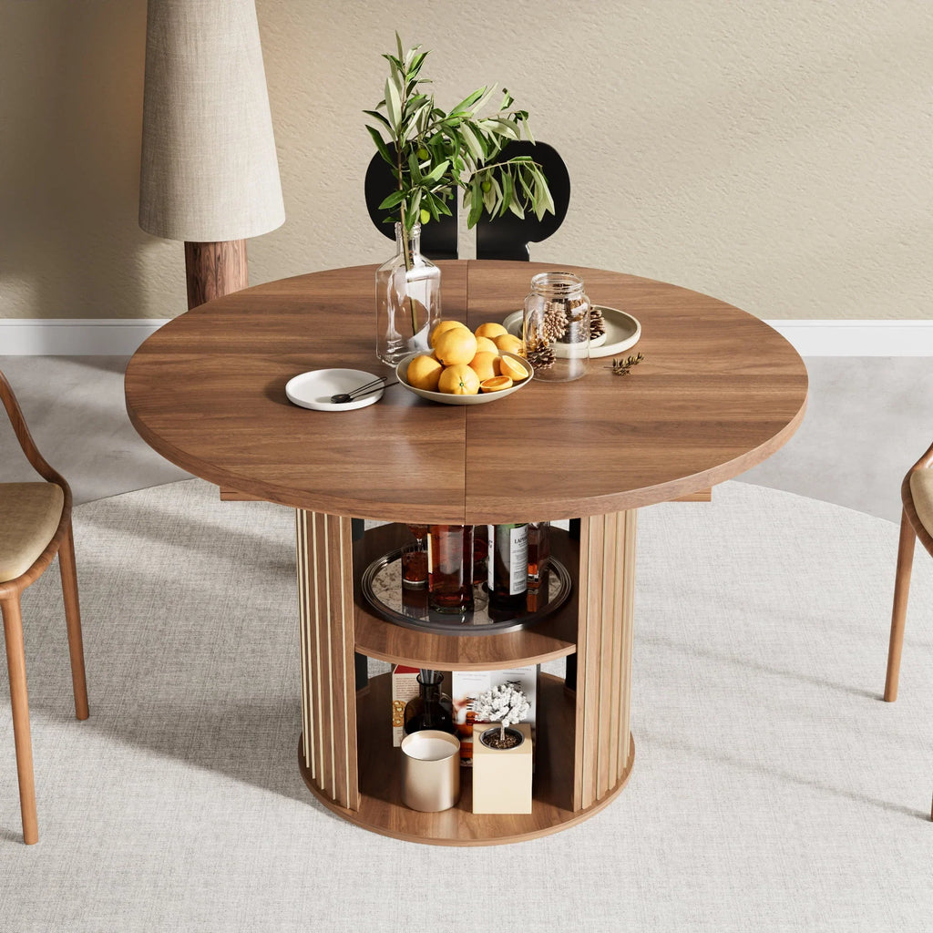 2026 NewExtendable Dining Table for 4-6, Round Kitchen Table with Storage Shelf, Oval Dining Tables for Living Room (Walnut)