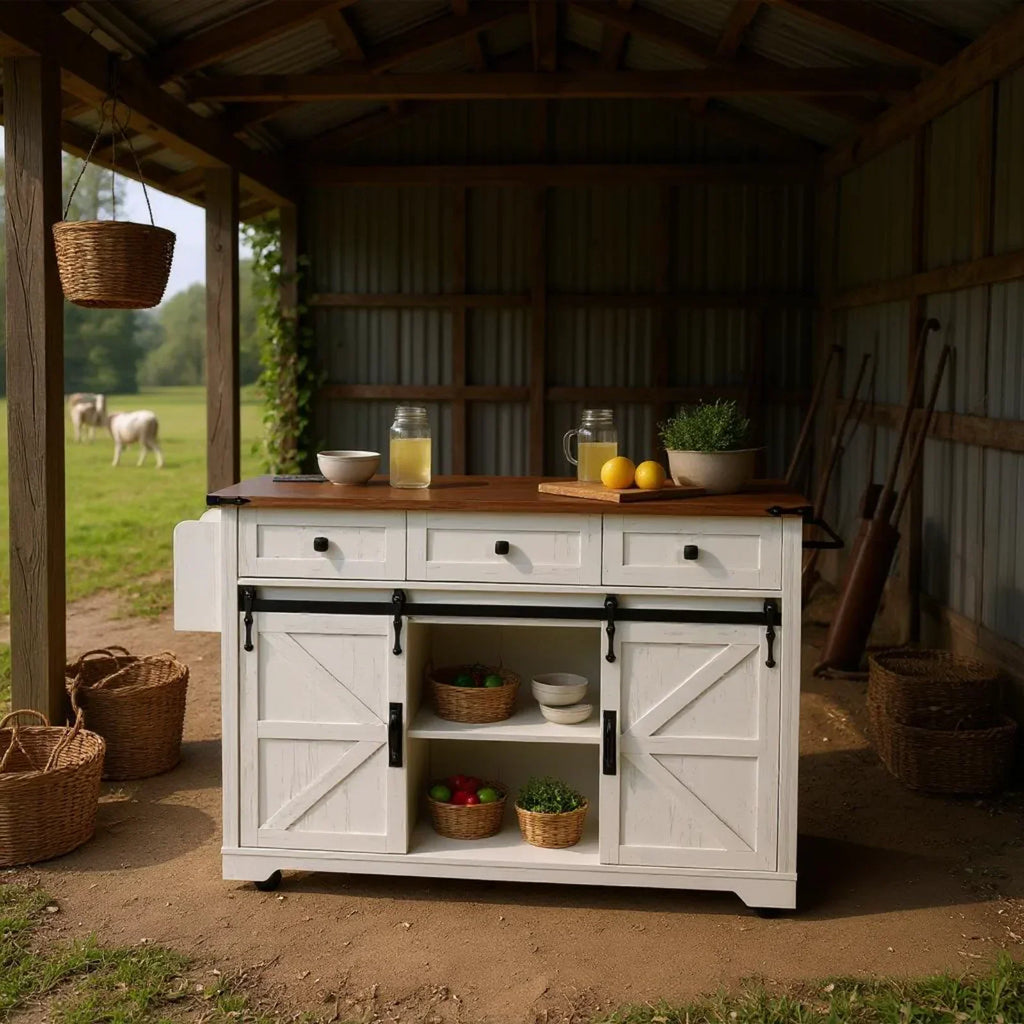 2026 NewHomy Casa Farmhouse 53.7" Kitchen Island with Storage Cabinet, Sliding Barn Doors, and Wheels, White Oak