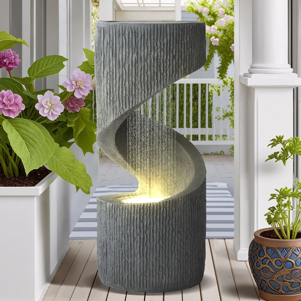 2026 NewMagic Union Outdoor S-Shaped Water Fountain, Spiral Waterfall Indoor Fountain Outside Garden Decor with LED Lights & Pump, Curved Patio Resin Fountains for Yard, Deck, Porch and Home Decorations