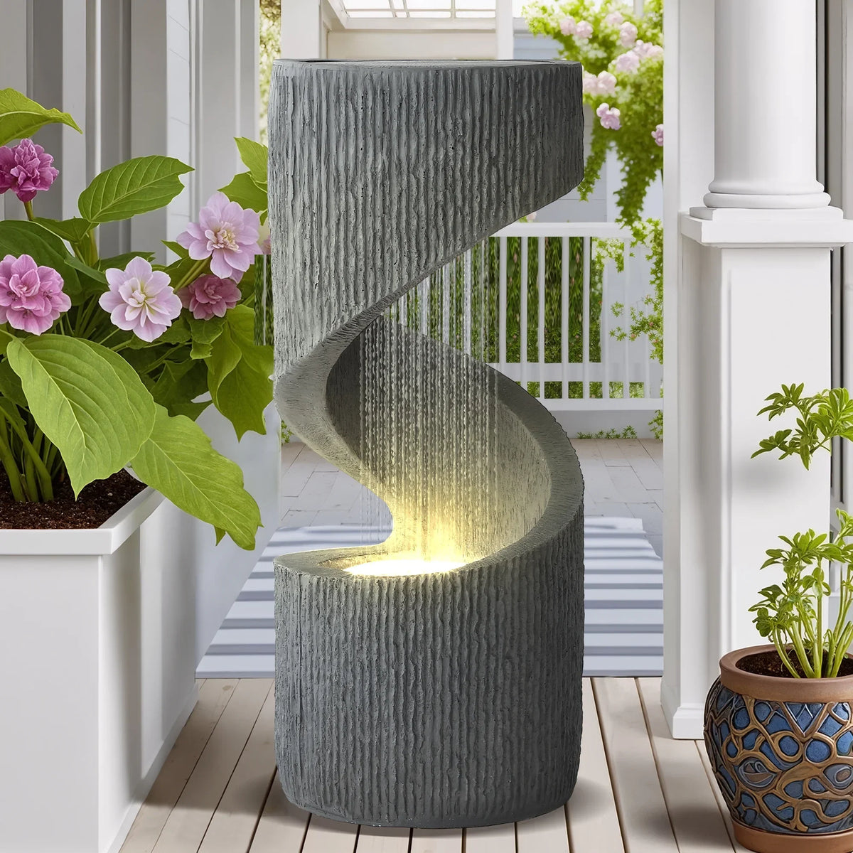 2026 NewMagic Union Outdoor S-Shaped Water Fountain, Spiral Waterfall Indoor Fountain Outside Garden Decor with LED Lights & Pump, Curved Patio Resin Fountains for Yard, Deck, Porch and Home Decorations