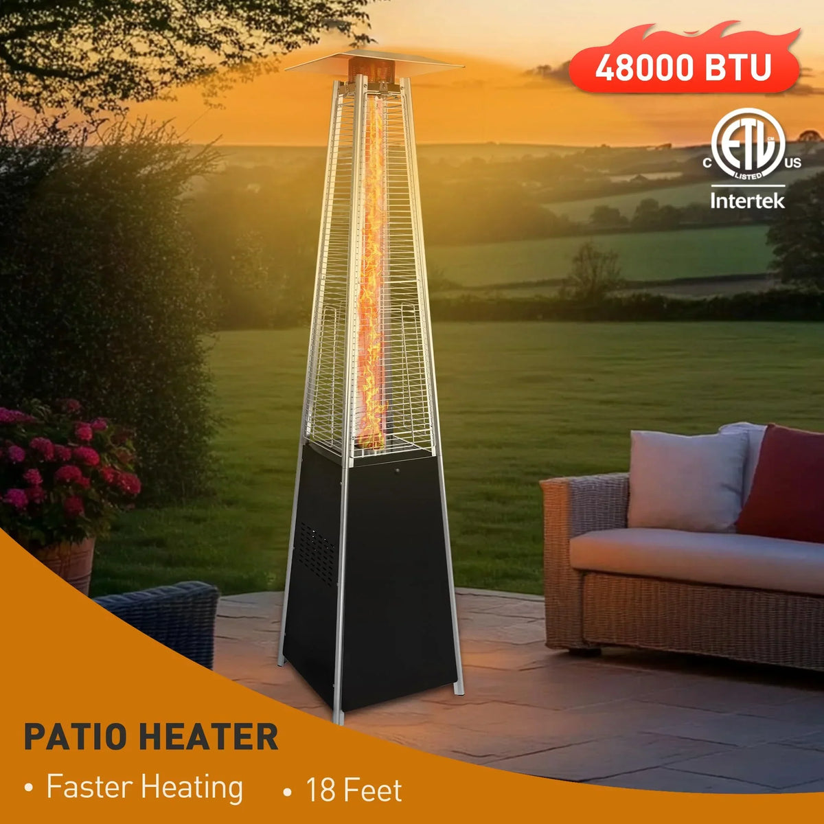2026 NewSegmart 48,000 BTU Pyramid Patio Heater, Tall Standing Outdoor Propane Heater with Wheels & Tip-Over Safety Protection, Visible Flame Glass Tube for Backyard, Garden, Commercial Use - Gray