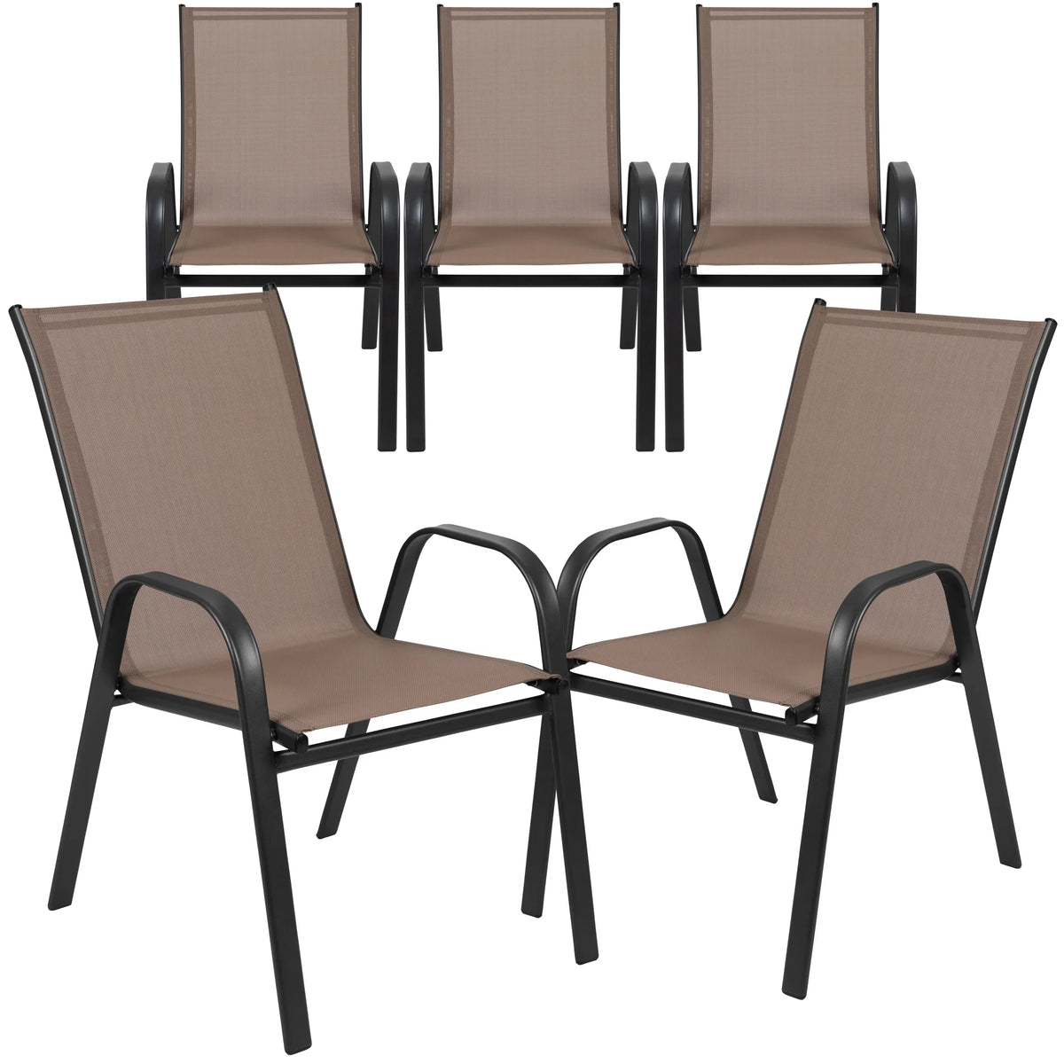 2026 NewBizChair 5 Pack Black Outdoor Stack Chair with Flex Comfort Material and Metal Frame