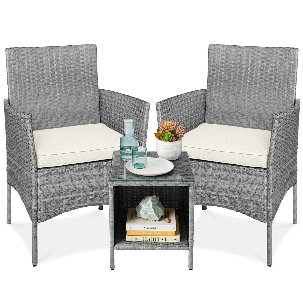 2026 NewBest Choice Products 3-Piece Outdoor Wicker Conversation Patio Bistro Set, w/ 2 Chairs, Table - Gray/Navy