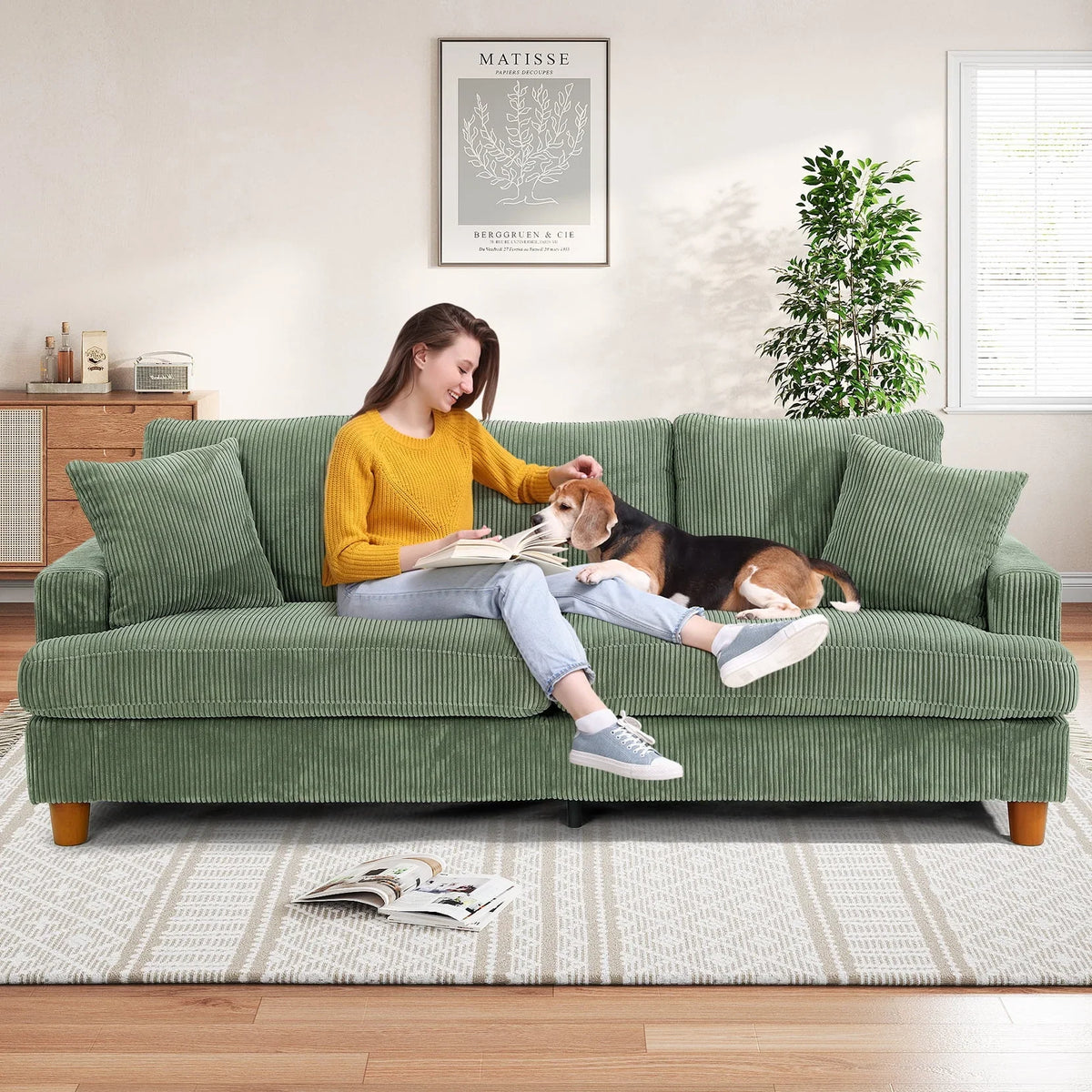 2026 New87" Corduroy Sofa,3 Seater Sofa with Extra Deep Seats,Neche Comfy Upholstered Couch for Living Room,2 Pillows,Green