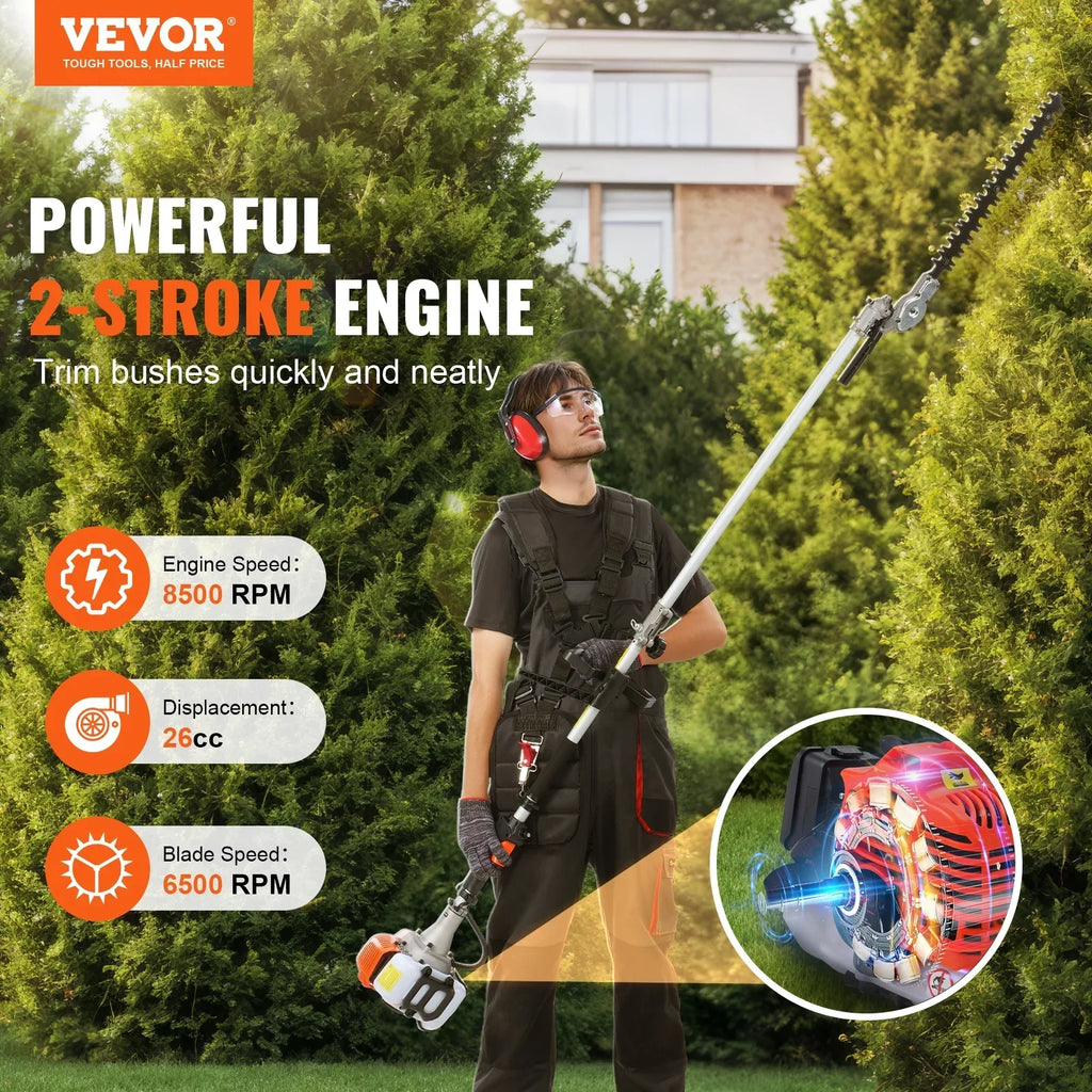 2026 NewVEVOR 26CC 5-in-1 Multi-Functional Trimming Tools, Gas Hedge Trimmer, Weed Eater, String Trimmer, Edger, Pole Saw Chainsaw Pruner with Extension Pole
