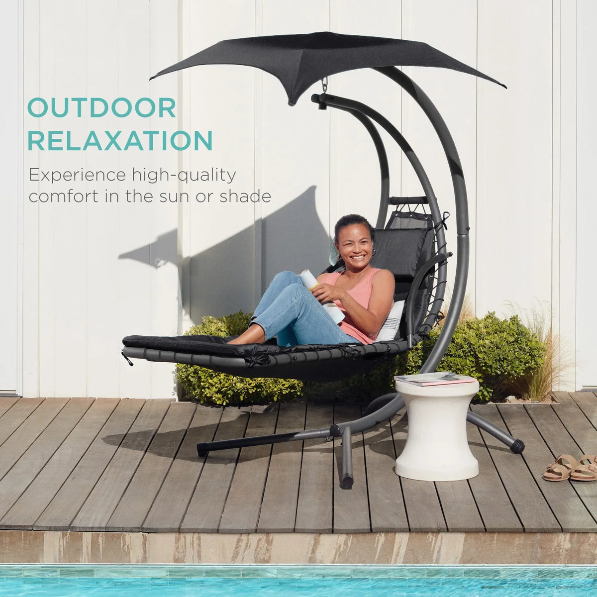 2026 NewBest Choice Products Hanging Curved Chaise Lounge Chair Swing for Backyard, Patio w/ Pillow, Shade, Stand - Teal