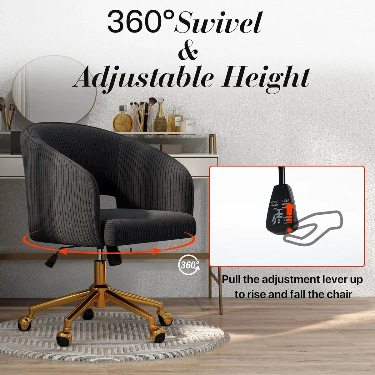 2026 NewHome Office Swivel Desk Chair, Modern Velvet Vanity Chair, Height Adjustable Armchair with Gold Base, Ergonomic Office Chair for Task Study Computer Room, Beige