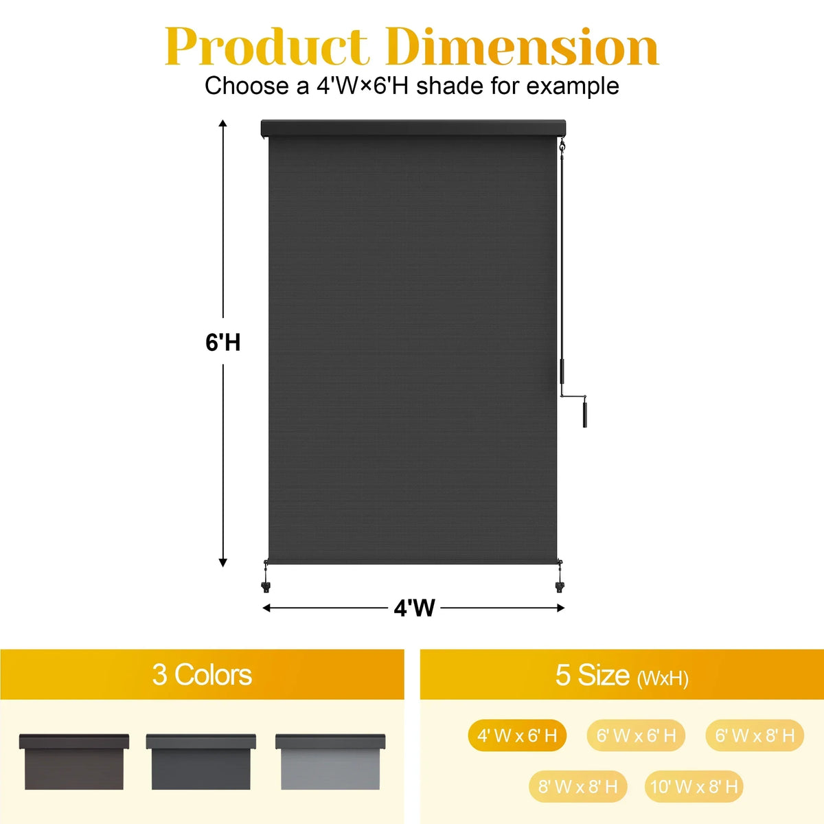 2026 NewSuperjoe Outdoor Roller Shade for Patio, Cordless Blackout Waterproof Blind, UV Block, 4'L x 6'W