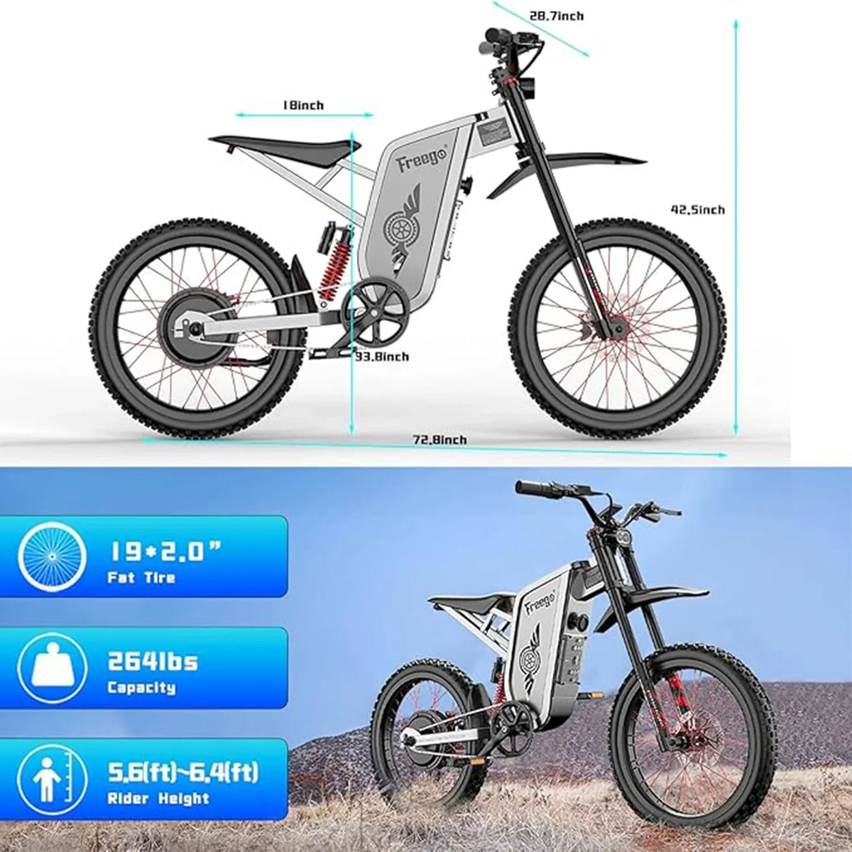 2026 New50MPH Electric Dirt Bicycle Freego X2 Pro,6000W(Peak)Motor Electric Motorcycle, Electric Bike for Adults, 60V30AH Battery, 19x2 Tire Full Suspension Hydraulic Brake Half Throttle UL2849