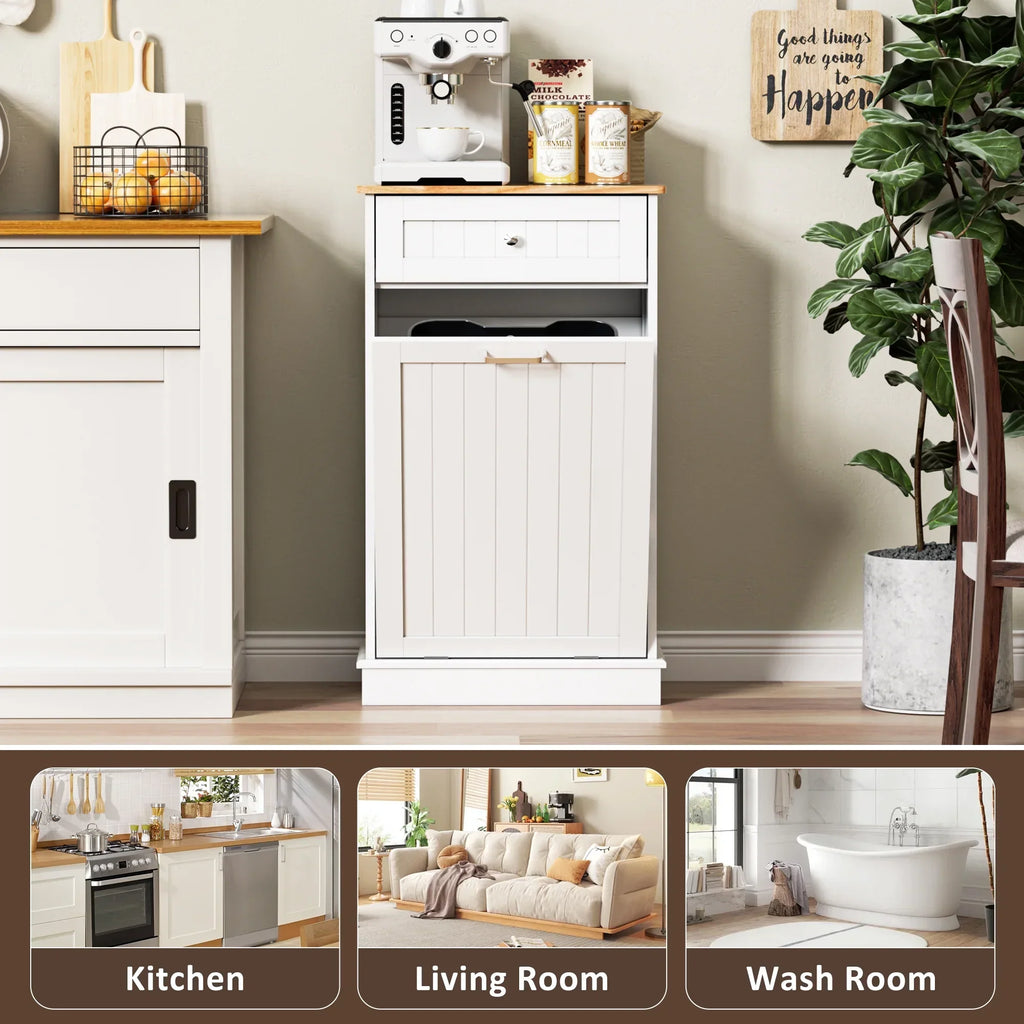 2026 NewHARIPUL Single Tilt Out Trash Cabinet for 13 Gallon Waste Bin, Free Standing Kitchen Trash Can Cabinet with Drawers, White