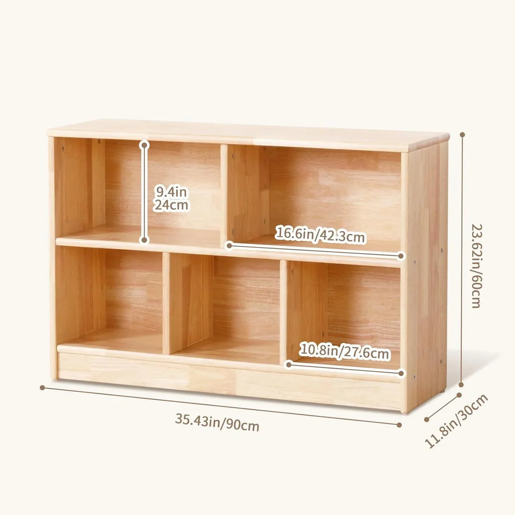 2026 NewRubber Wood 5-Compartment Montessori Shelf, 35.4" L Toddler Bookshelf, 2-Tier Wooden Storage Cabinet, Kids Classroom Organizer, Playroom, Daycare and Preschool Storage Shelves