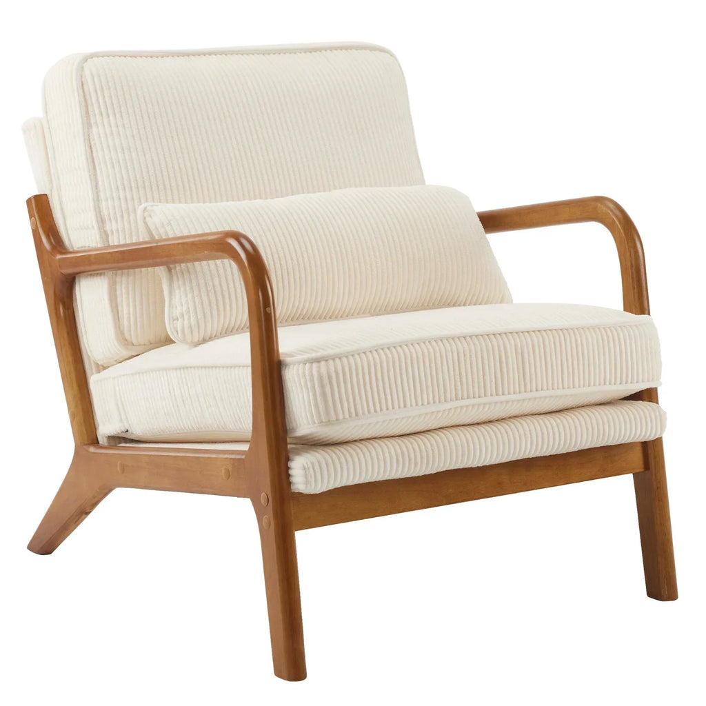 2026 NewKtaxon Accent Chair Corduroy Upholstered Armchair, Reading Club Chair with Pillow and Solid Wood Frame for Living Room Bedroom Furniture Off White