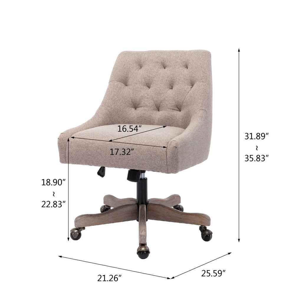 2026 New360 Degree Swivel Office Desk Chair, Upholstered Leisure Vanity Chair with Solid Wood Base and Wheels, Adjustable Height Computer Chair for Bedroom Living Room, Brown