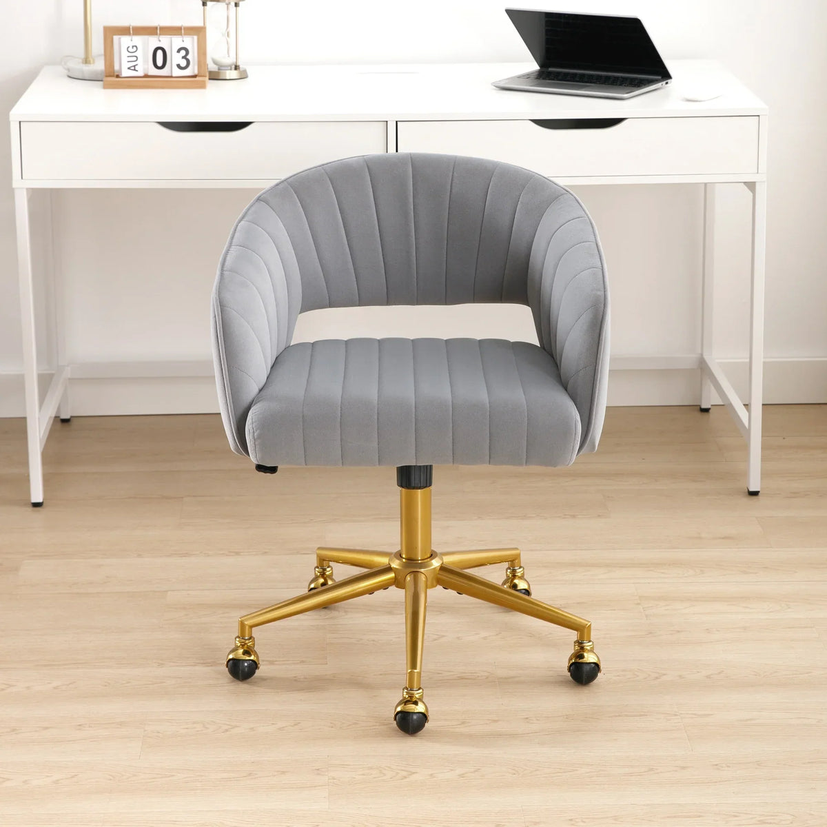 2026 NewWestice Home Office Desk Chairs, Velvet Task Chair, Height Adjustable Swivel Vanity Chair with Golden Base for Vanity Study, Living Room Computer Room, Beige