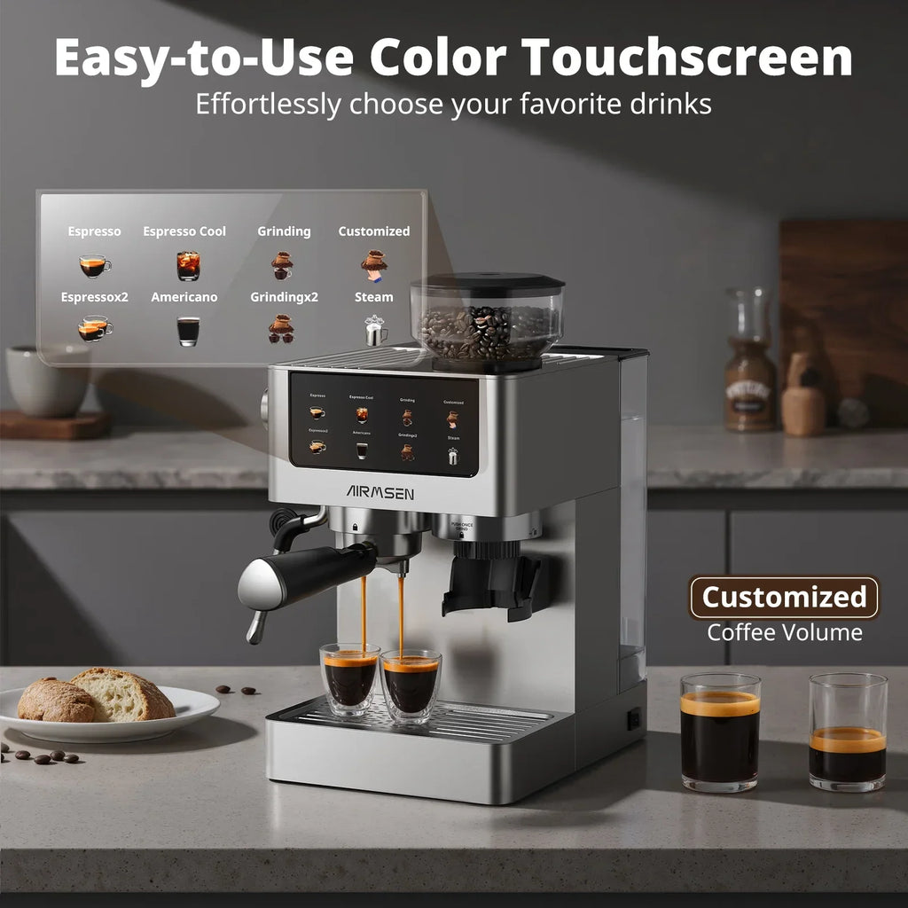 2026 NewAIRMSEN Espresso Machine with Grinder, Espresso Coffee Machine with Customized Grind Amount & Coffee Volume, Cold Brew Coffee Maker for Cappuccino Latte Americano, Brushed Stainless Steel