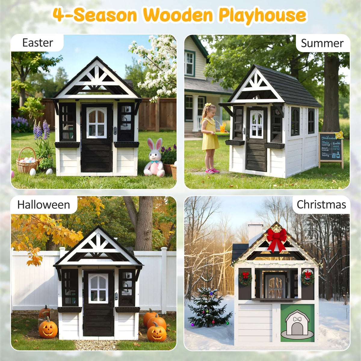 2026 NewCOCLUB Outdoor Playhouse for Kids Ages 4-8, Wooden Play House with Doorbell, Phone, Kitchen Toys, Outdoor Kids Play Equipment, Casa Para Niñas (45”L x 65”H), White & Black