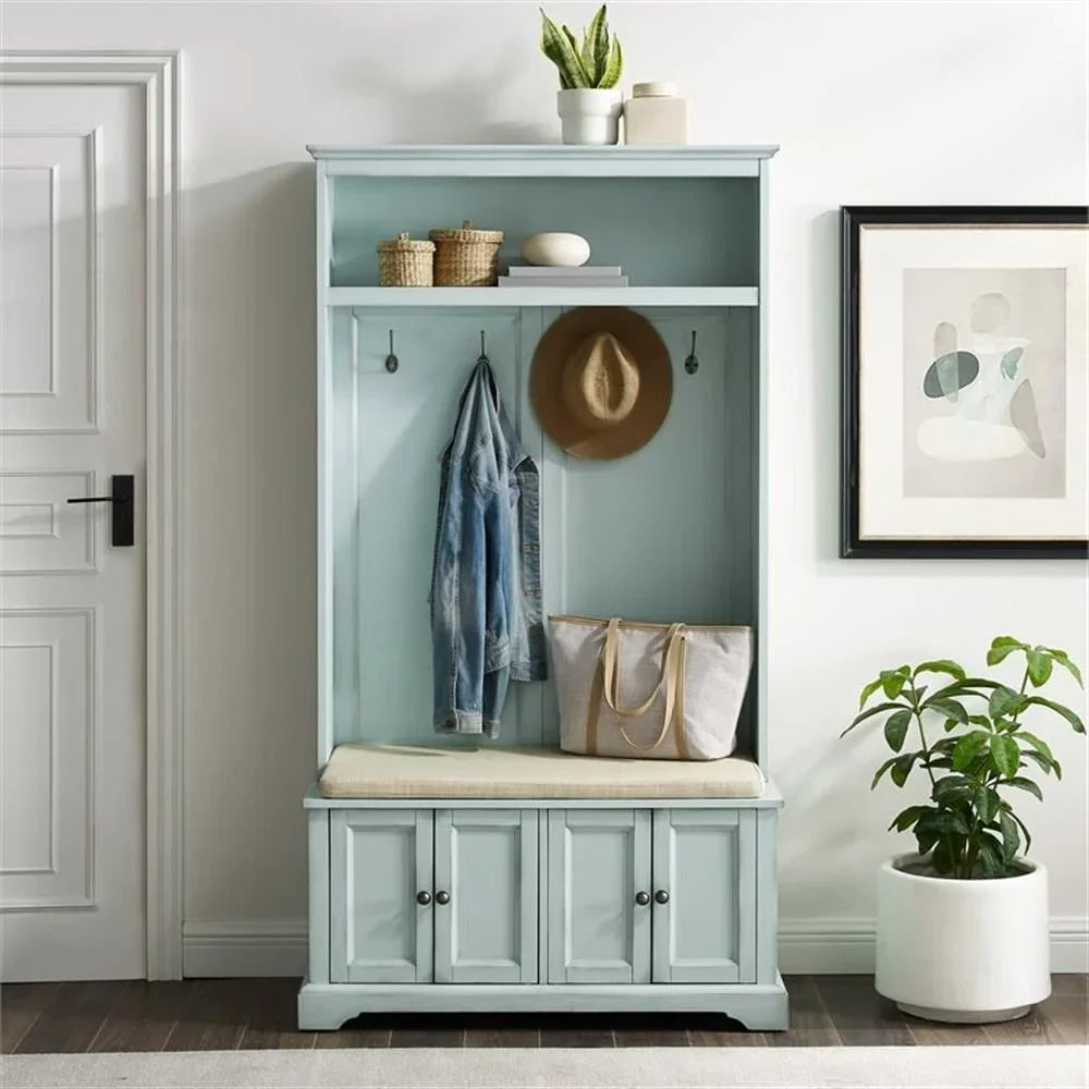 2026 NewBowery Hill Traditional Wood Hall Tree in Seafoam Blue/Oatmeal