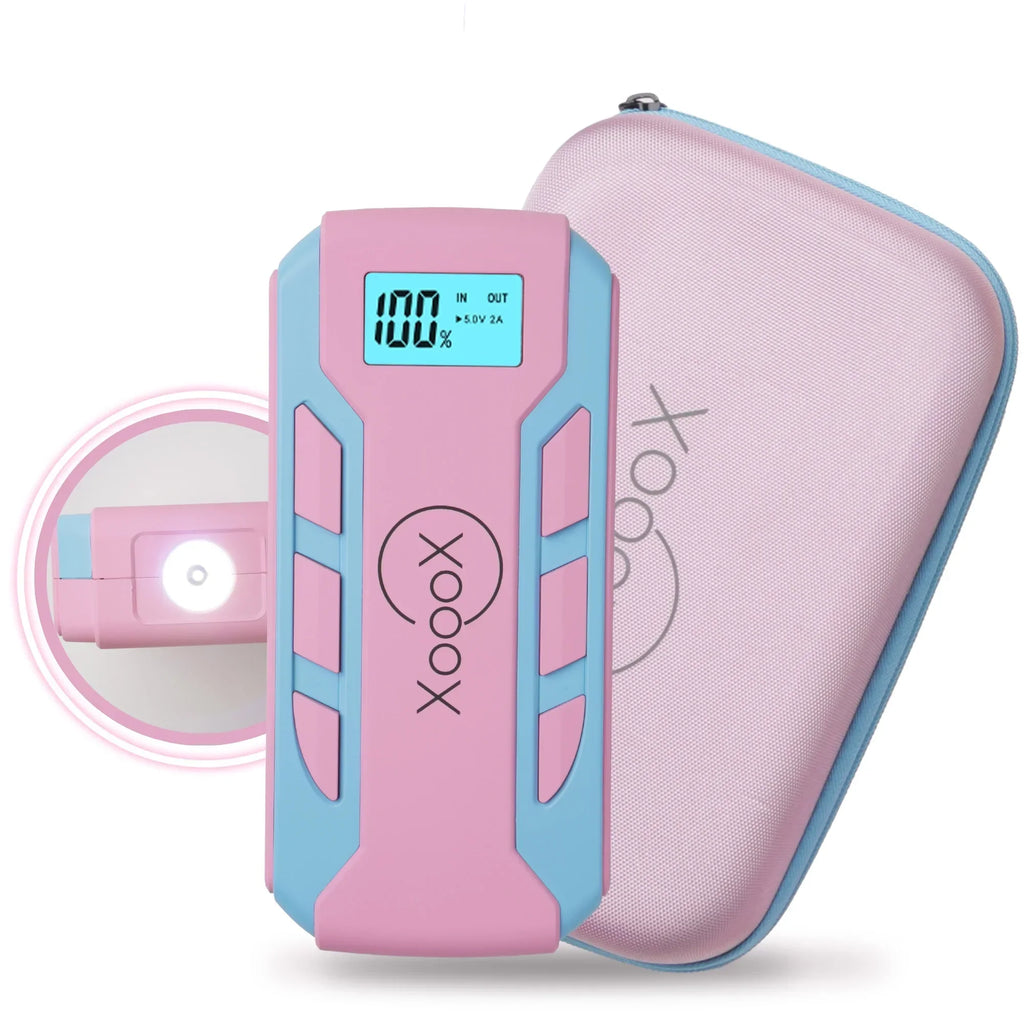 2026 NewXoooX Pink Portable Car Battery Jump Starter Kit with Jumper Cables, LED Light and Case; 12V Jump Start Battery Pack; Portable Battery Charger for USB/USB-C Devices
