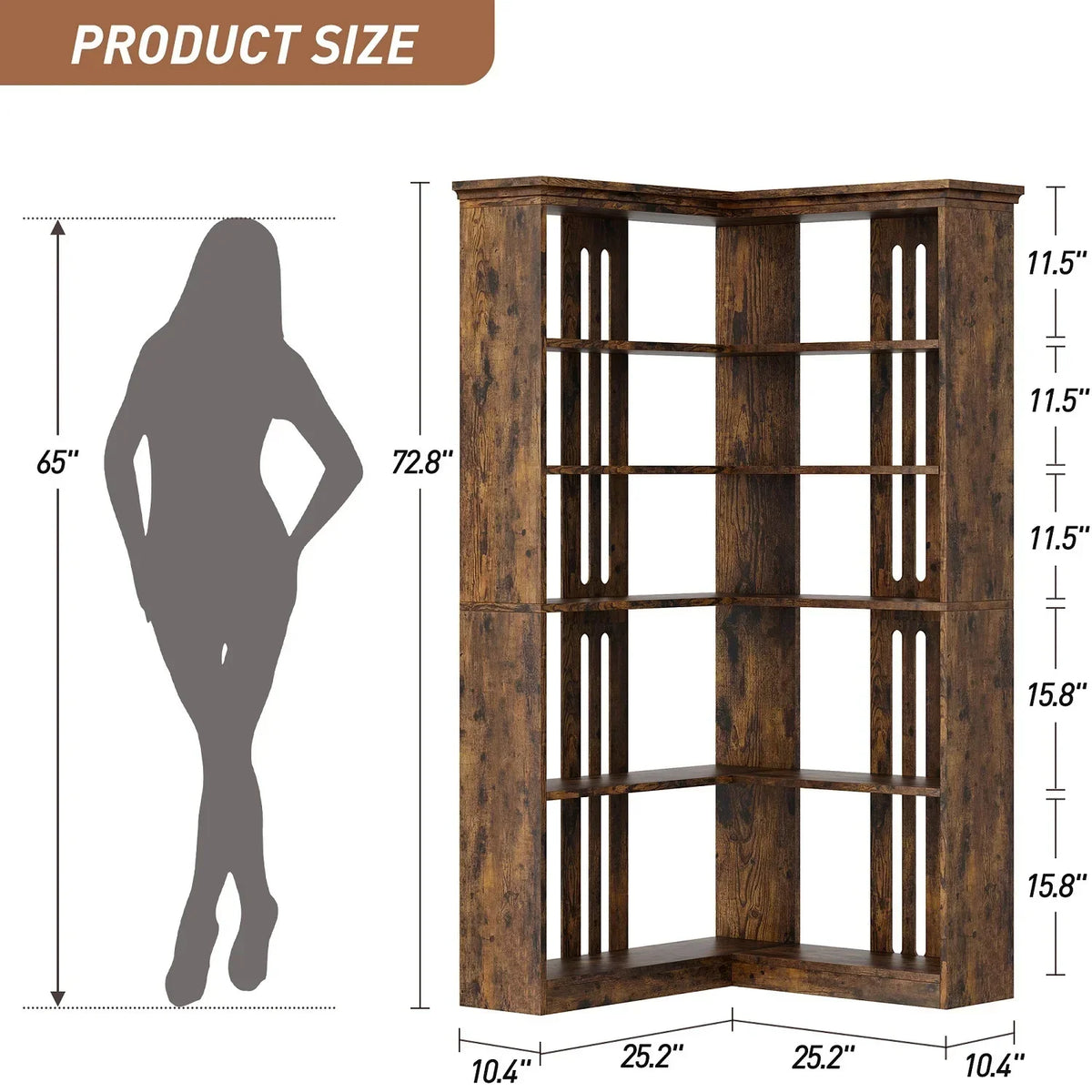 2026 NewEuKer 5 Tier Corner Bookcase, L-Shaped Bookshelf with Large Storage Capacity for Living Room, Bedroom, Office (Half Panel, Retro Brown)