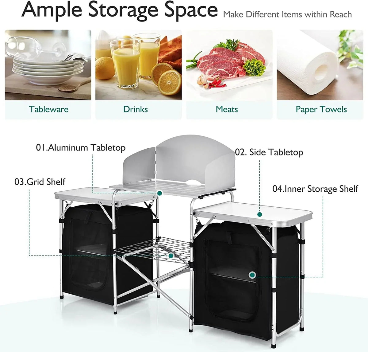 2026 NewCamping Kitchen Table with Storage, Aluminum Portable Outdoor Cooking Table with Windscreen, Foldable Camp Table Cook Station for BBQ, Grill, Party, Picnics