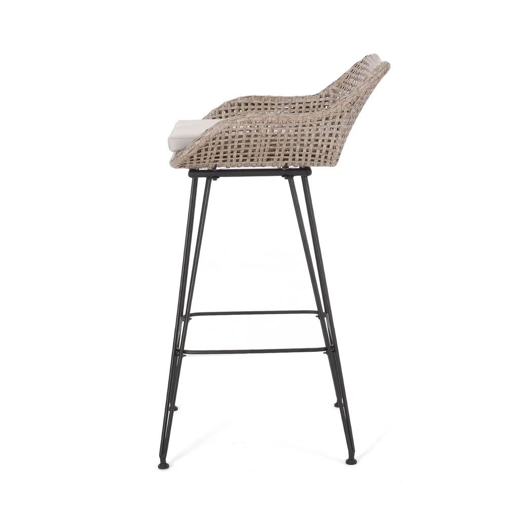 2026 NewVerano Wicker and Metal Outdoor Barstools with Cushion, Set of 4, Mixed Brown and Beige