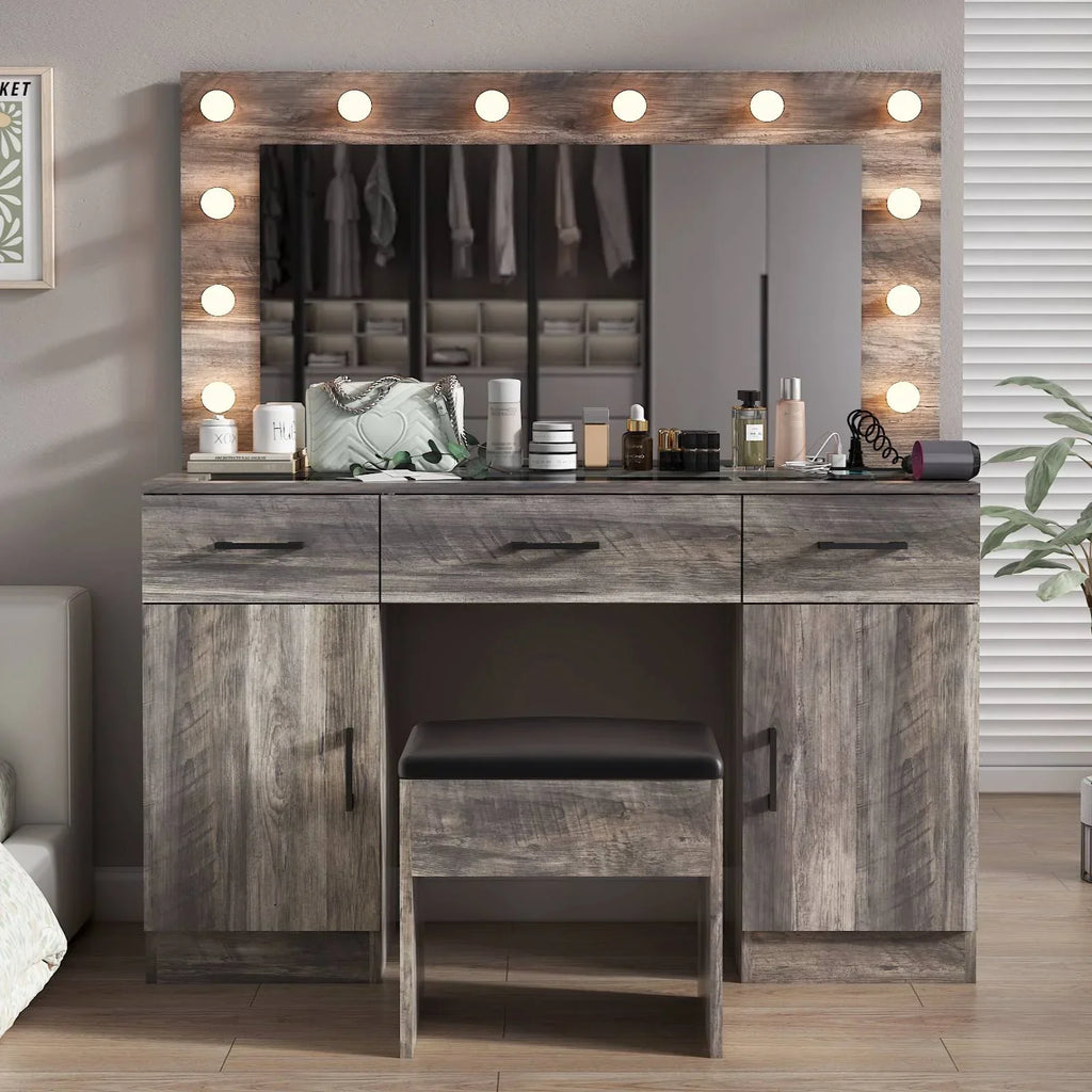 2026 NewKtaxon Large Makeup Vanity, Vanity Table Set w/ Visible Glass Top w/ Charging Station, White