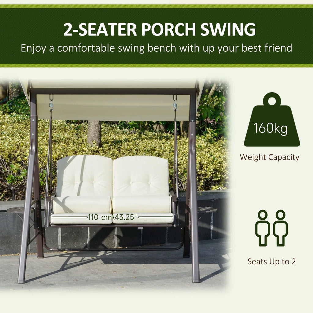 2026 NewOutsunny 2-Person Patio Swing Bench with Adjustable Shade Canopy, Soft Cushions, Throw Pillows and Tray, Beige.