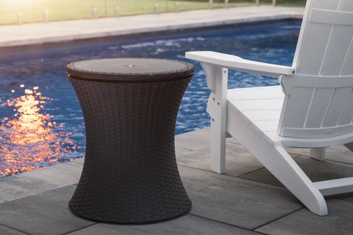 2026 NewKeter Pacific 7.5 Gallon Cool Bar 2 in 1 Weather Resistant Side Table and Bar Durable Resin Outdoor Patio Beverage Cooler Table, Rattan Look Brown