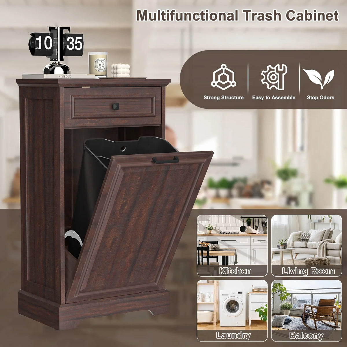 2026 NewHARIPUL Single Tilt Out Trash Cabinet for 13 Gallon Waste Bin, Free Standing Kitchen Trash Can Cabinet with Drawers, White