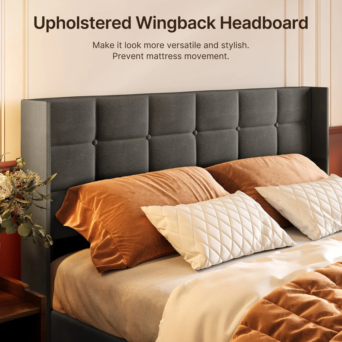 2026 NewLofka Lift Up Storage Bed Full Size, Modern Wingback Headboard, No Box Spring Needed, Hydraulic Storage, Dark Grey