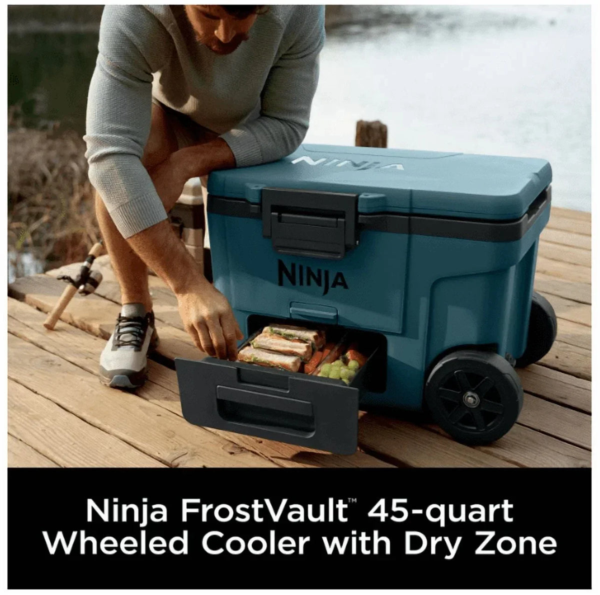 2026 NewNinja | Cooler | FrostVault 45QT Cooler with Wheels | Insulated with Temp Dry Storage Drawer | Keeps Ice Cold for Days | for The Beach, Camping, Picnics & More | Ocean Blue | FB245AOB