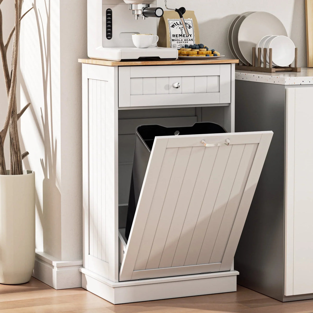 2026 NewHARIPUL Single Tilt Out Trash Cabinet for 13 Gallon Waste Bin, Free Standing Kitchen Trash Can Cabinet with Drawers, White