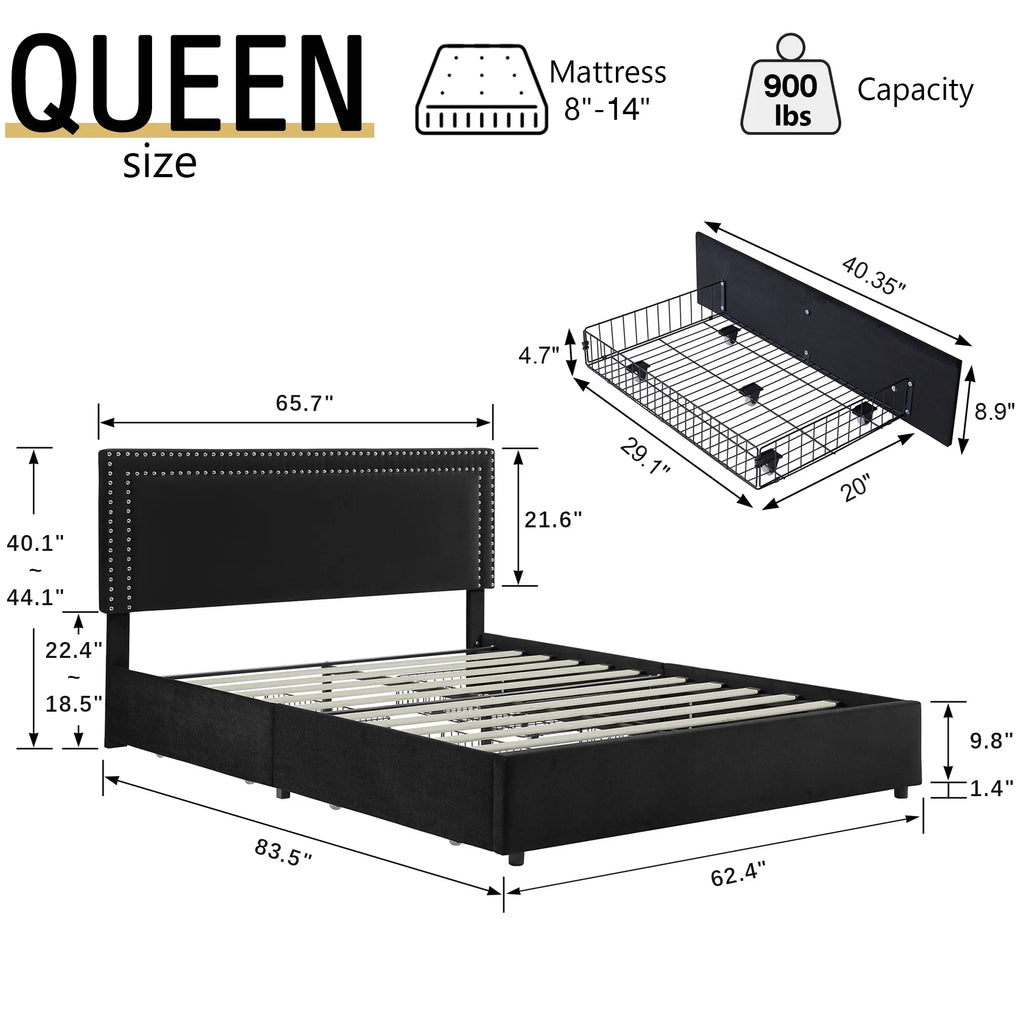 2026 NewVECELO Full Bed Frame with 4 Storage Drawers (Wheeled) and Tufted Upholstered Adjustable Headboard Platform Bed, Beige