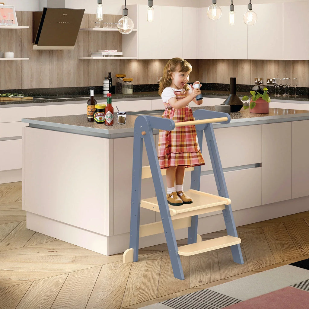 2026 NewJOZ Kitchen Toddlers Step Stool, Montessori Kids Learning Stool, Foldable Toddler Tower for Counter, Standing Helper for Children, 3 Adjustable Heights, Wooden, White