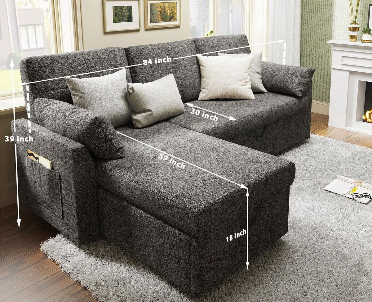 2026 NewVANACC Sofa Bed, Adult Sleeper Sofa with Storage Chaise, Pull Out Couch for Bed Room, Gray Chenille