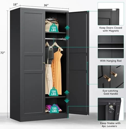 2026 NewMetal Wardrobe Cabinet with Hanging Rod,Black Armoire Wardrobe Closet,Metal Clothing Storage Cabinet with Adjustable Shelves and Doors,72" Cloth Storage Cabinets for Home,Living/Laundry Room