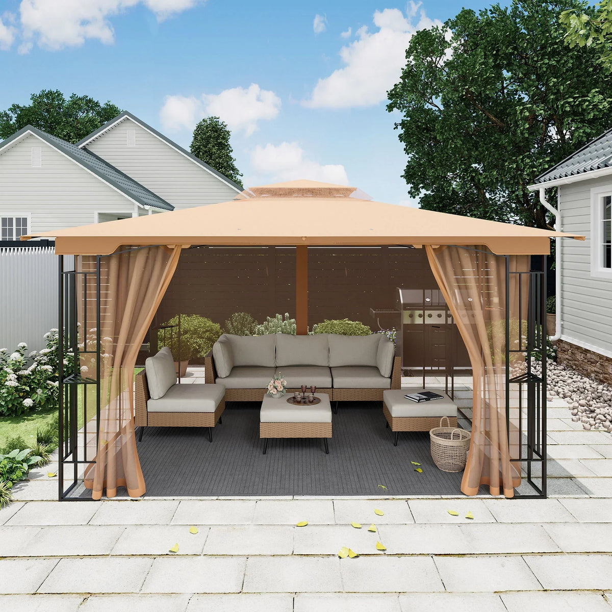 2026 NewLAUSAINT HOME Patio Gazebo 13'x11',Heavy Duty Gazebos Shelter Party Tent with Double Roofs, Mosquito Nettings for Backyard, Garden, Lawn,(Khaki)
